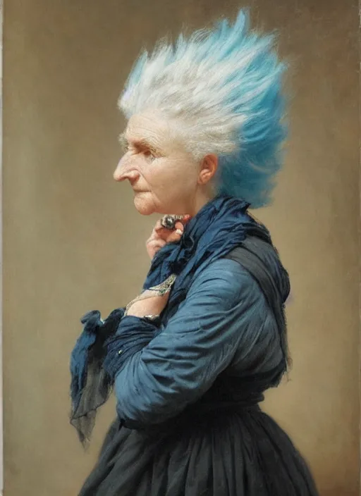 Prompt: a detailed portrait of old woman with a extravagant mohawk by edouard bisson, blue hair, punk rock, oil painting, muted colours, soft lighting