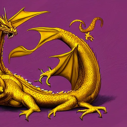 Prompt: a purple and gold dragon laying on its back, relaxing dragon, detailed digital art, artstation