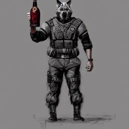 Image similar to a humanoid german shepherd beast - man in military style, holding a bottle of beer, artstation, concept art, smooth, sharp foccus ilustration, artstation