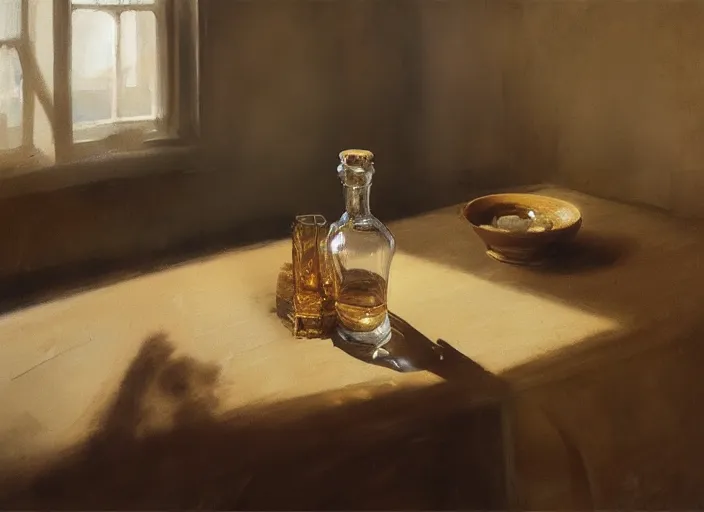 Image similar to oil painting of whiskey bottle, barley grain, art by anders zorn, wonderful masterpiece by greg rutkowski, beautiful cinematic light, backlit, window cast shadows, american romanticism by greg manchess, creation by tyler edlin, folds of fabric, tablecloth