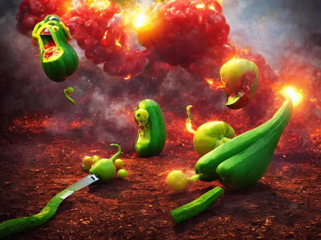 Image similar to highly detailed 3 d render of a raging zucchini character, burning scissors, running down a dirt road, scared tomates scattered everywhere, high speed action, explosions, dramatic scene, hyper realistic octane render, cinematic lighting, tomato splatter, deviantart, black sky, lowbrow, surrealism, frame from pixar movie