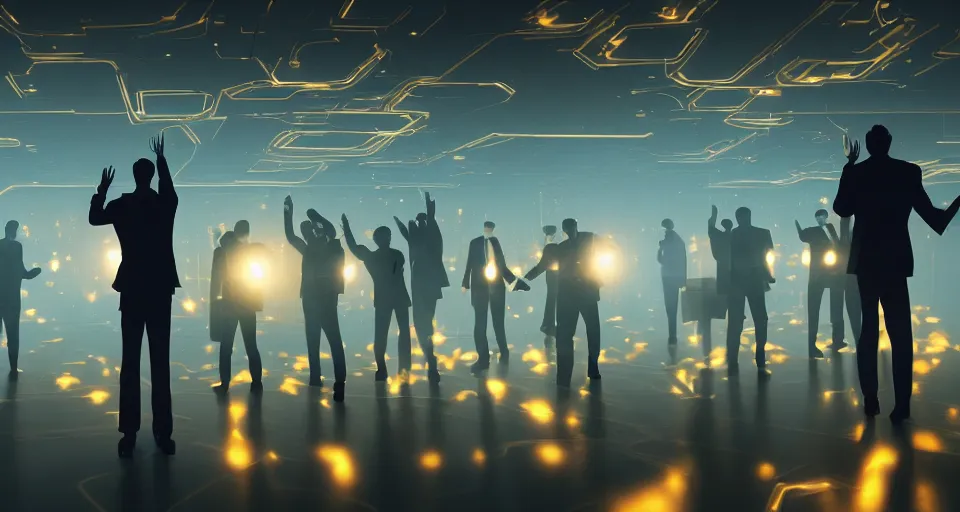 Image similar to Dramatic photo of a CEO waving goodbye to a group of silhouettes of his coworkers in a futuristic office. Golden coins are levitating all around them. 8k, high detail, trending on Artstation, volumetric lighting, cyberpunk