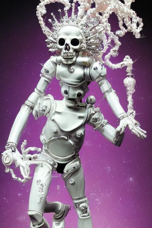 Image similar to full-body rococo and cyberpunk style porcelain and chrome statue of a young attractive Marcelo Mastro android novinho gostoso e dotado falling from the sky, glowing white laser eyes, prince crown of pink gears, diamonds, swirling silver-colored silk fabric. futuristic elements. full-length view. space robots. human skulls. intricate artwork by caravaggio. Trending on artstation, octane render, cinematic lighting from the right, hyper realism, octane render, 8k, depth of field, 3D