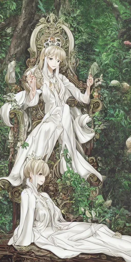 Prompt: an highly detailed magical empress sitting by herself on a sofa in a forest wearing a white robe drawn by cloverworks studio, elegant, beauty, tarot card,
