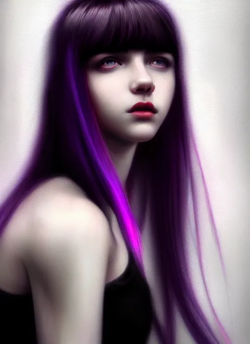 Image similar to portrait of teenage girl, red irises, bangs, black and white hair, white bangs, purple clothes, white bangs, two color hair, black hair and white bangs, intricate, elegant, glowing lights, highly detailed, digital painting, artstation, concept art, smooth, sharp focus, illustration, art by wlop, mars ravelo and greg rutkowski