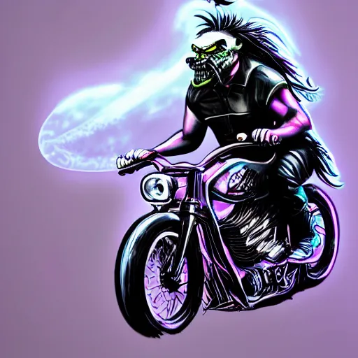 Image similar to colorful blacklight airbrush artwork, motorcycle, stylized action shot of an orc biker riding a motorcycle, drifting, skidding, wheelie, clear focused details, soft airbrushed artwork, black background, cgsociety, artstation