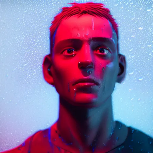 Image similar to a human portrait made out of rain, neon, beautiful, rendered in octane, unreal engine