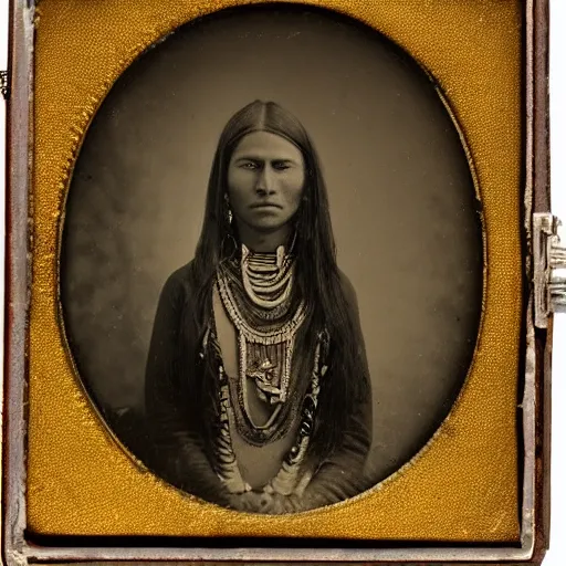 Image similar to daguerreotype ambrotype of a native american high priestess very intricate, highly detailed,