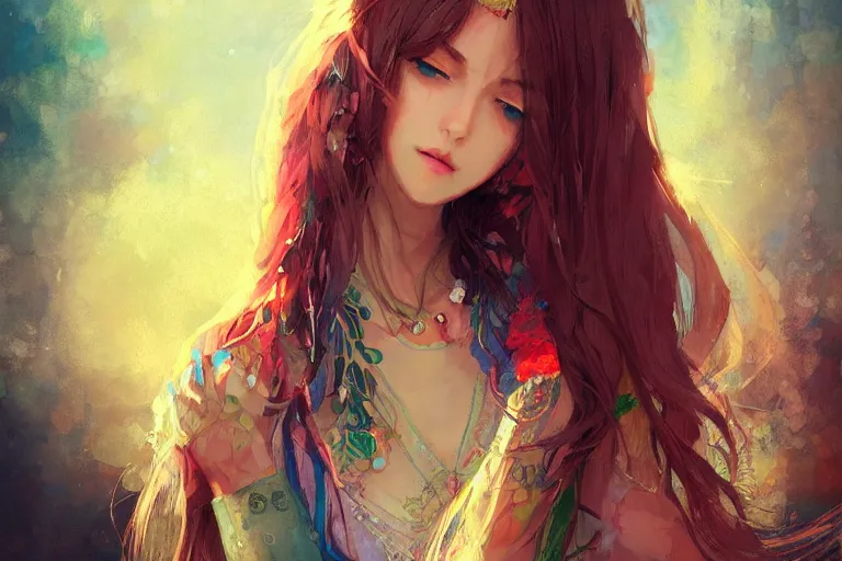 Prompt: a beautiful bohemian girl, intricate, highly detailed, digital painting, pixiv, human, official media, anime key visual, concept art, rich vivid colors, ambient lighting, sharp focus, illustration, art by wlop