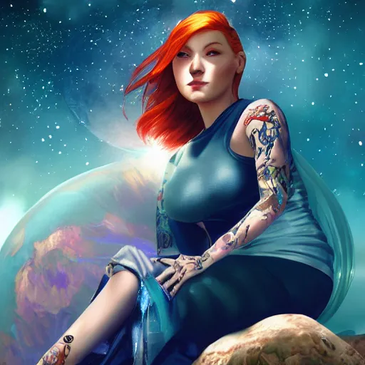 Prompt: a full body portrait of a beautiful tattooed redhead woman sitting, carrying a gun, a planet in the background. futurist, blue dress, light iridescent hair color, long windy hair style, fantasy, realistic, intricate, sharp focus, lens flare, bloom, rim light, illustration, highly detailed, digital painting, concept art, matte, art by ruan jia