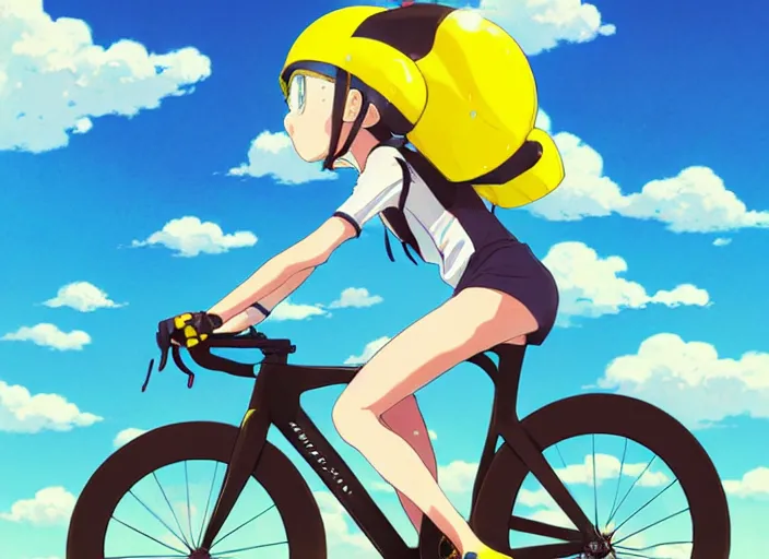 Image similar to portrait of cute girl riding road bike, sunny sky background, lush landscape, illustration concept art anime key visual trending pixiv fanbox by wlop and greg rutkowski and makoto shinkai and studio ghibli and kyoto animation, symmetrical facial features, sports clothing, yellow helmet, nike cycling suit, backlit, aerodynamic frame, yowamushi pedal