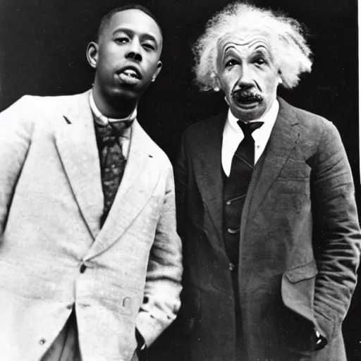 Prompt: real photo taken of Tyler The Creator and Einstein in 1923