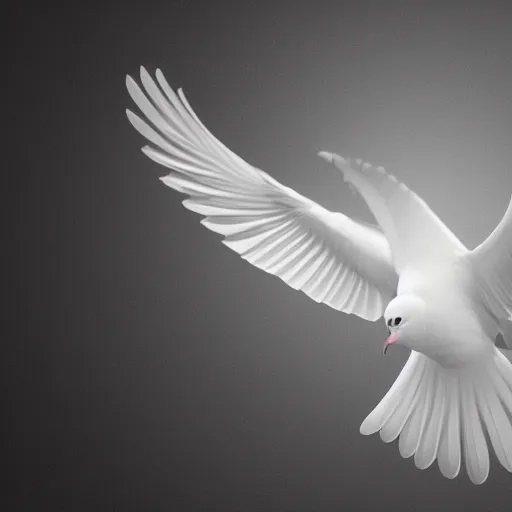 Prompt: A realistic render of a radiant white dove flying through a pitch black room, 4k