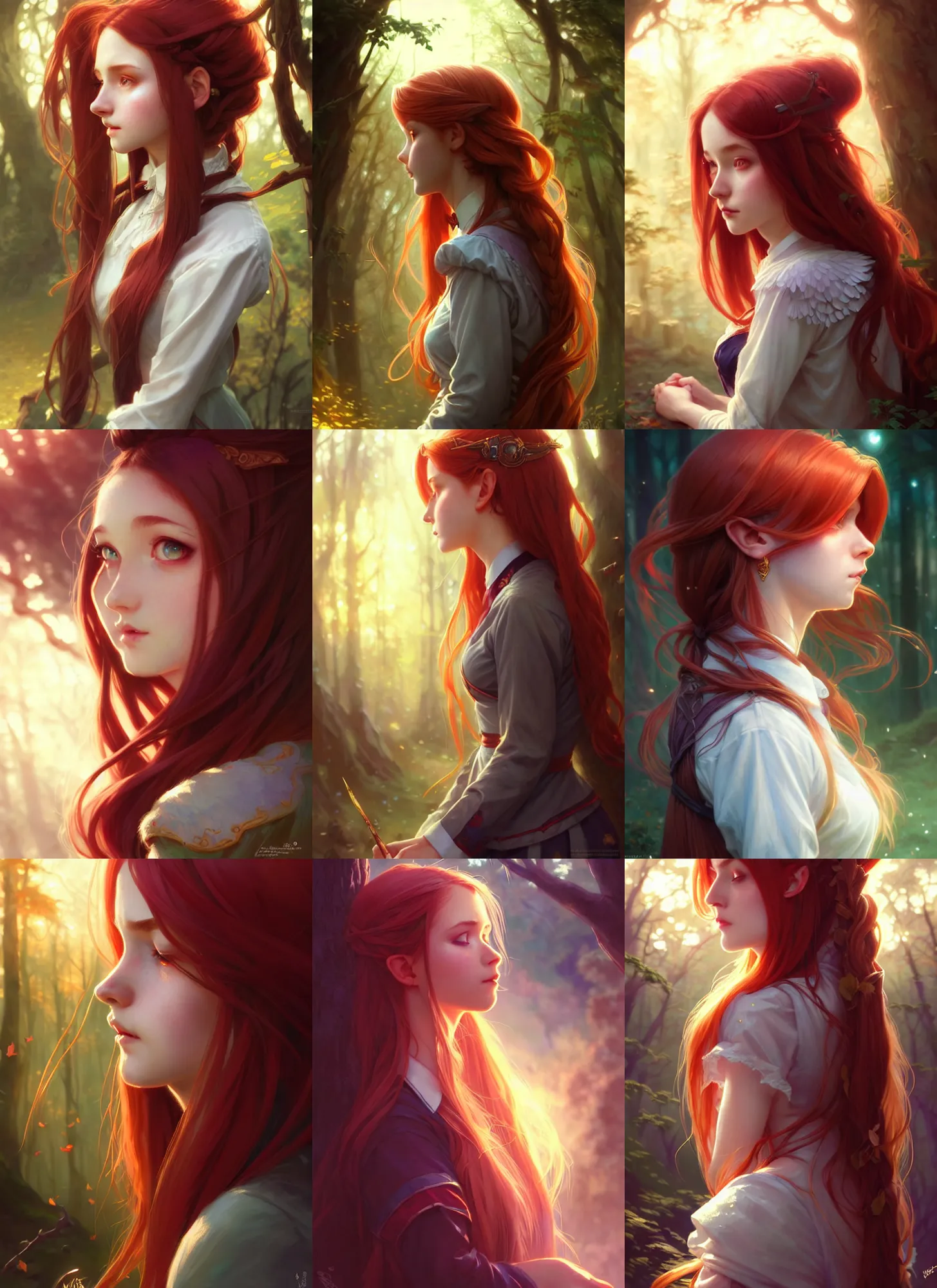 Prompt: side portrait cute female, magic school uniform, fantasy forest landscape, dnd fantasy magic, long red hair, cinematic rim light, intricate, elegant, sharp focus, illustration, highly detailed, digital painting, concept art, matte, art by wlop and artgerm and greg rutkowski and alphonse mucha, masterpiece