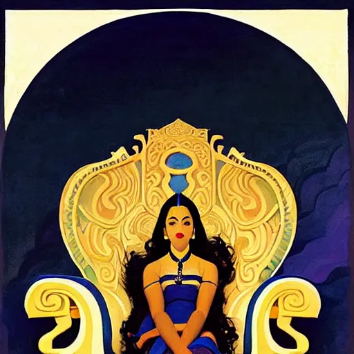 Image similar to an illustration of an ivory skin with dark curly hair queen on a throne, by nicholas roerich, by frank frazetta by georgia o keeffe by frederick william elwell, by hans emmenegger, by eyvind earle highly detailed, realistic, outline, line work, fantasy, oriental, stylised flat colors, animation