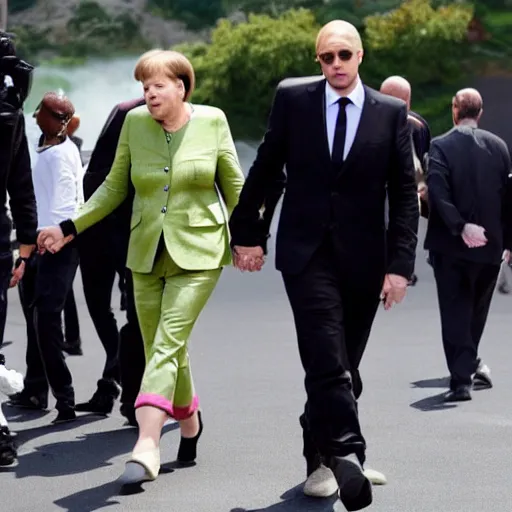 Image similar to Angela Merkel holding hands with Eminem, paparazzi