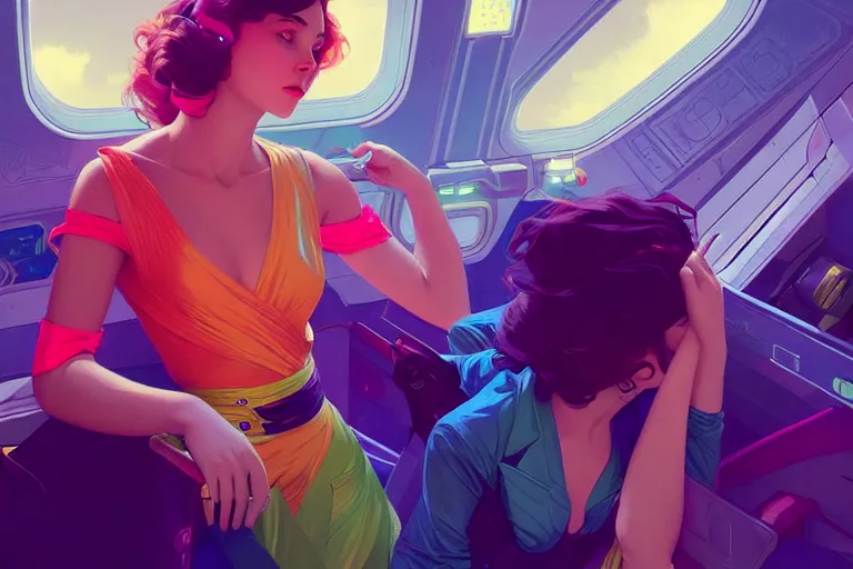 Image similar to Exhausted good looking young women wearing neon colored suits in a airplane, elegant, intricate, retrofuturistic digital painting, artstation, concept art, smooth, sharp focus, illustration, art by artgerm and greg rutkowski and alphonse mucha