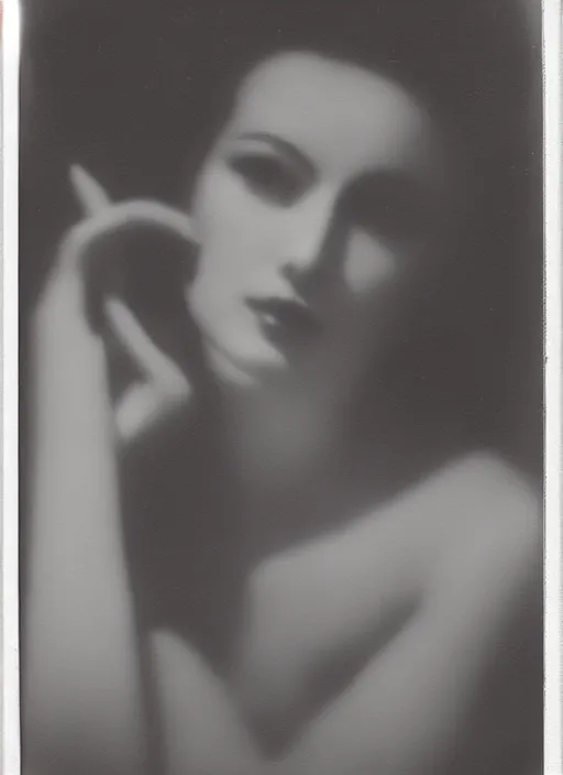 Image similar to a beautiful contemplative woman, flash polaroid photo by george hurrell,