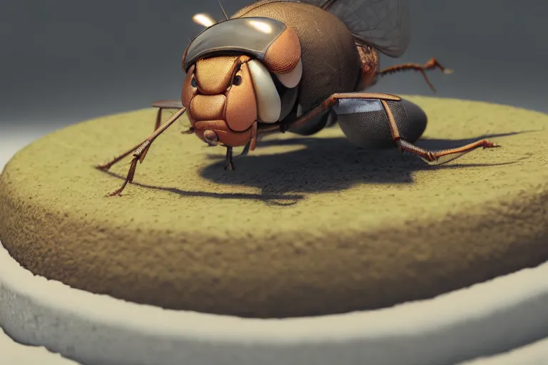 Prompt: a huge fly is sitting on a cake, 4 k, ultra details, cinematic, epic style, beautiful photo, hyper realistic, octane render, unreal engine, award winning, on artstation, volumetric lightning, masterpiece, golden hour,