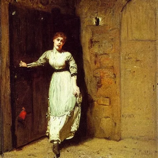 Image similar to young victorian woman escaping a dungeon, by alfred stevens