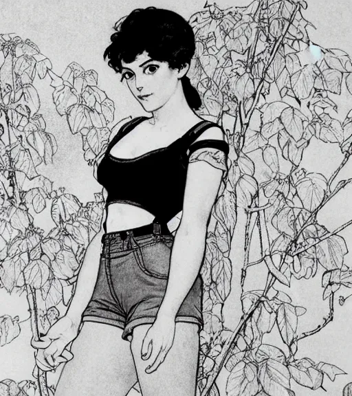 Image similar to lineart of a woman with black hair pixie cut in shorts with suspenders and white t-shirt drawn by anime, Alexandre Cabanel, norman rockwell, peter paul rubens, maler collier, frank frazetta, alphonse mucha, gustav klimt 4k, unreal 5, DAZ, french noveau, trending on artstation, octane render, hyperrealistic