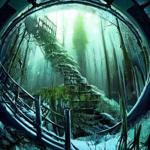 Image similar to stairs leading to a frozen derelict portal in a middle of a snowy lush futuristic forest, green lush world seen only through a portal, daylight, cinematic lighting, blue sky, syd mead, john harris