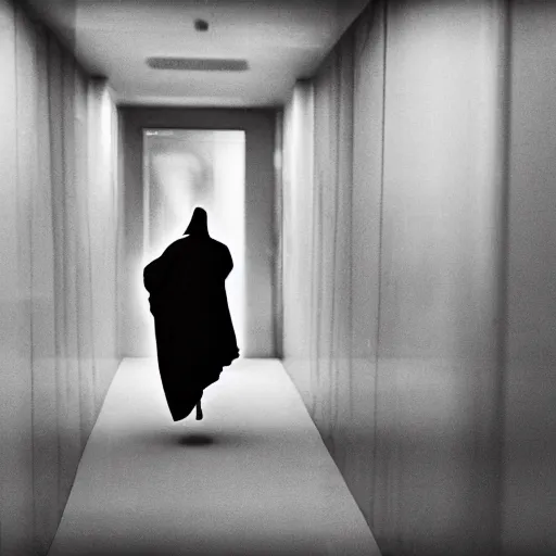 Image similar to nightmare vision, black and white, award winning photo, levitating twin nuns, wearing translucent sheet, Mary in a sanctuary, mirror hallways, eerie, frightening —width 1024 —height 1024