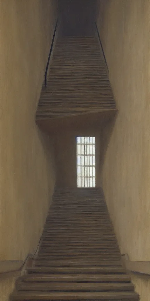 Image similar to impossible stairs, cinematic and highly detailed oil painting by josep tapiro baro and edward hopper, trending on artstation, oil painting masterpiece, symmetry, mysterious, very very very aesthetic