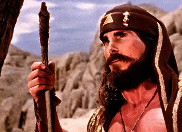 Image similar to film still of Christian Bale as Moses in The Ten Commandments 1956