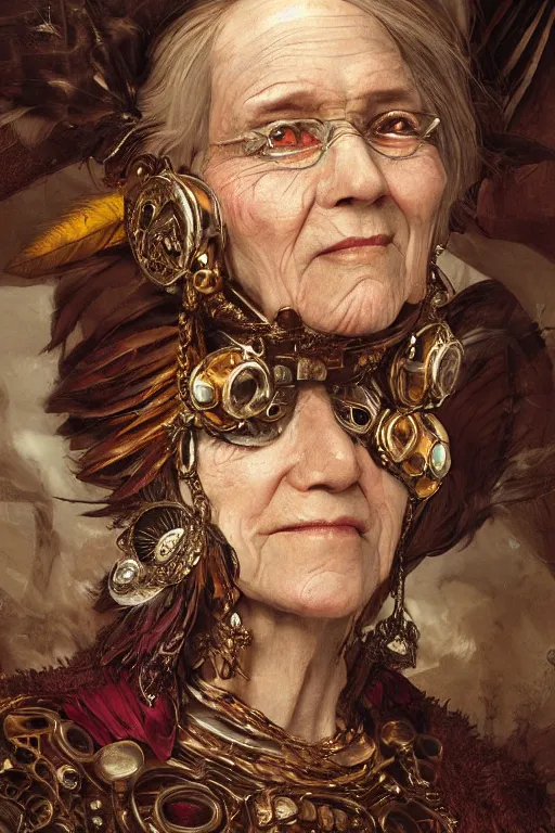 Prompt: portrait, headshot, digital painting, of a old 17th century, old lady cyborg merchant, amber jewels, clorful feathers, baroque, ornate clothing, scifi, futuristic, realistic, hyperdetailed, chiaroscuro, concept art, art by Waterhouse