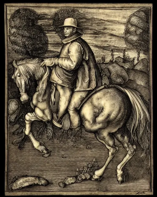 Image similar to man on horse, in the style of albrecht durer,
