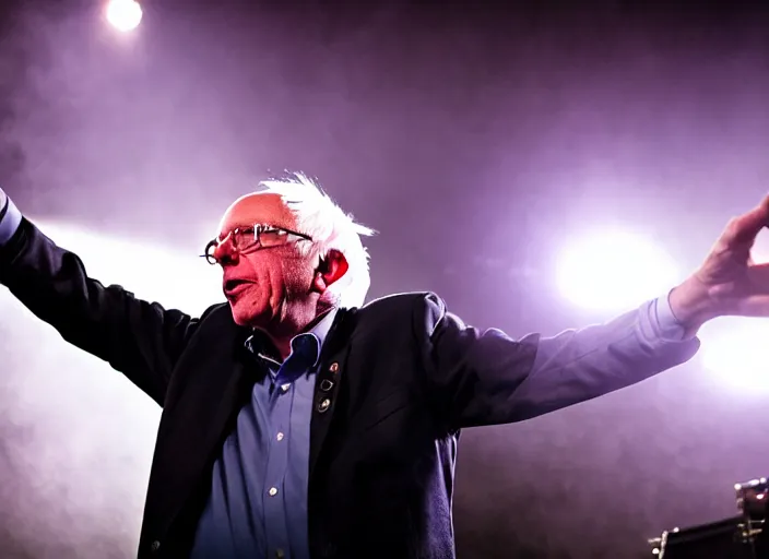 Image similar to publicity photo still of bernie sanders in a death metal band playing live on stage, 8 k, live concert lighting, mid shot