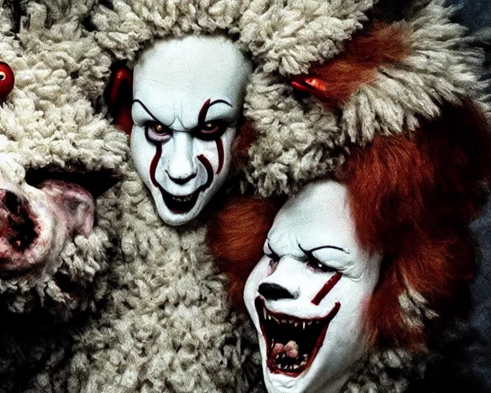 Image similar to a horror movie poster featuring demonic sheep and pennywise