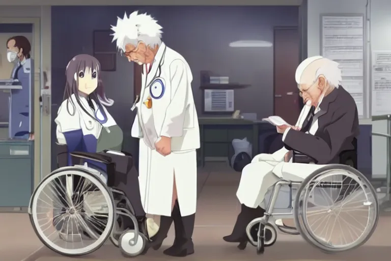 Image similar to a cute young female doctor wearing white coat are serving an old man in a wheelchair in a hospital, slice of life anime, lighting, anime scenery by Makoto shinkai