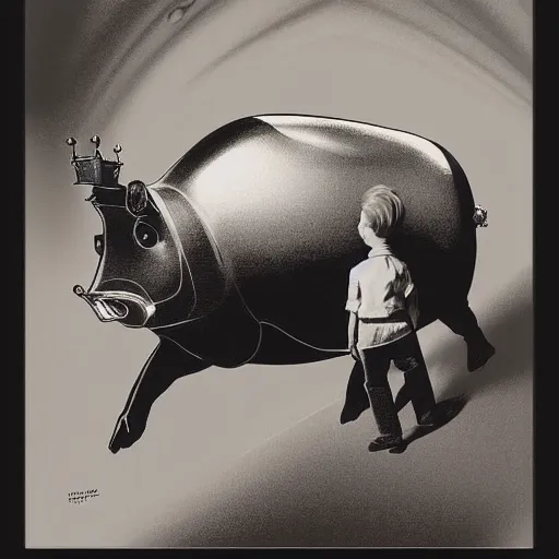 Image similar to black and white retro futuristic boy wearing crown riding on the back of a large pig by syd mead, matte painting, crosshatch and stippling