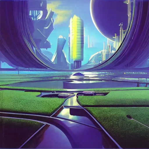 Image similar to beautiful matte painting album cover art of green gardens with roads on a futuristic sci-fi space station, cinematic angle, cinematic lighting, blue sky, by Syd Mead, John Harris, Federico Pelat