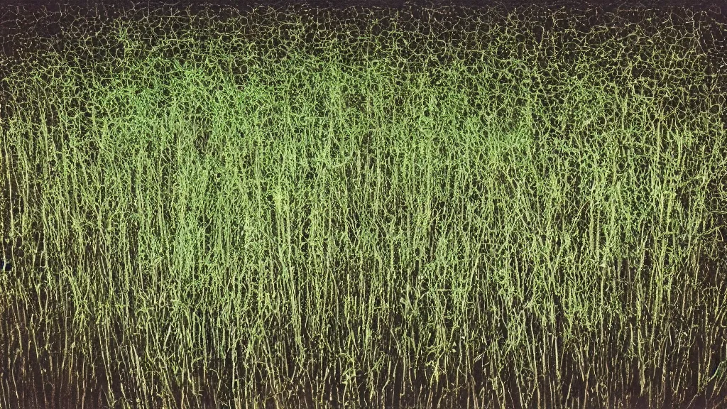 Image similar to It is dark all around. Whorls of shadow and verdant blades as you weave among fields wavering in torchlight; blinding silver, viridescent at shoulder height, at play. psychedelic kodachrome 35mm film.