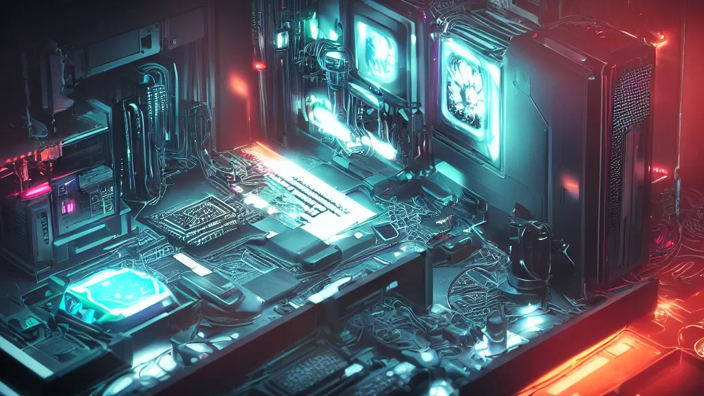 Prompt: a cyberpunk overpowered computer. Overclocking, watercooling, custom computer, cyber, mat black metal, alienware, futuristic design, desktop computer, desk, home office, whole room, minimalist, Beautiful dramatic dark moody tones and lighting, orange neon, Ultra realistic details, cinematic atmosphere, studio lighting, shadows, dark background, dimmed lights, industrial architecture, Octane render, realistic 3D, photorealistic rendering, 8K, 4K, Cyborg R.A.T 7, Republic of Gamer, computer setup, highly detailed