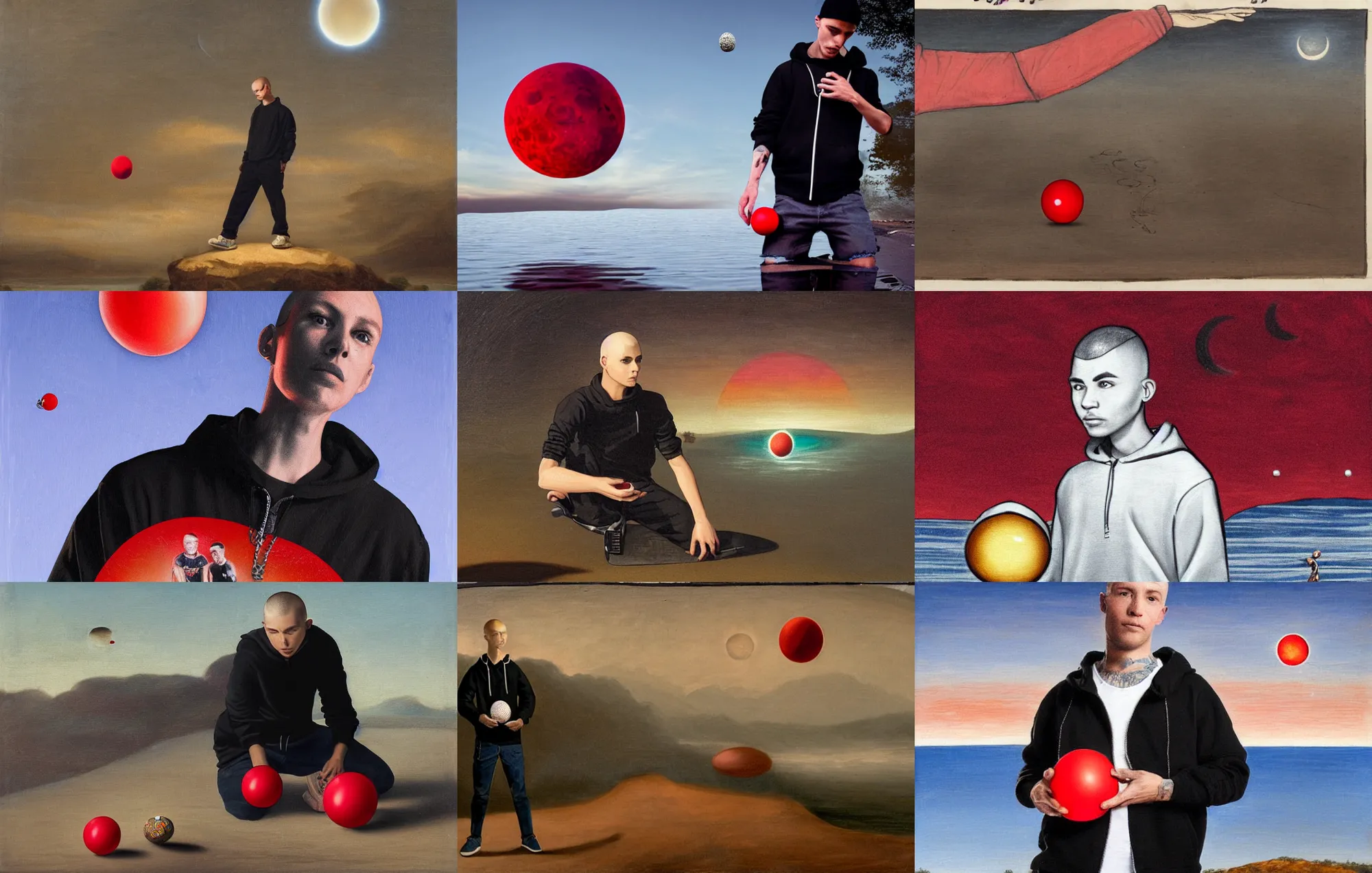 Prompt: skateboarder with a buzzed haircut and partially zipped up black hoodie jacket with rolled up sleeves and white undershirt kneeling in shallow water holding up a necklace with an egg shaped red ball at the end, in front of an eclipse, reddish detailed landscape painting