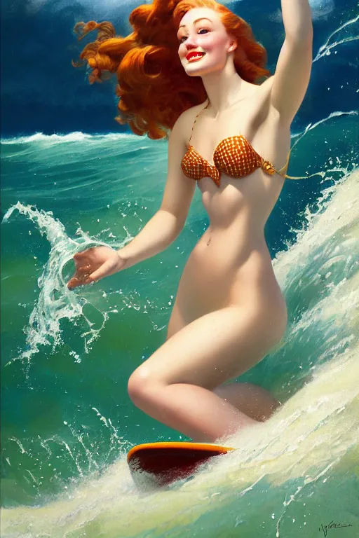 Image similar to sophie turner as the little mermaid surfing the waves by Gil Elvgren Stanley Artgerm Lau, WLOP, James Jean, Andrei Riabovitchev, Marc Simonetti, Yoshitaka Amano, ArtStation, CGSociety, cinematic lighting, god ray, starlit shining eyes, art nouveau