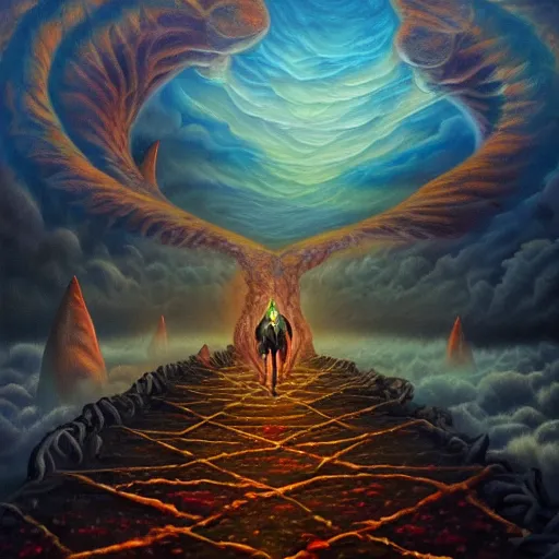 Image similar to brining healing to the underworld astral realm death journey in oil painting, trending on artstation, award winning, emotional, highly detailed dark surrealist art