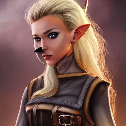 Image similar to close up headshot of a skinny female high-fantasy elf with a long face narrow chin and short spiky blonde hair wearing dark brown overalls and holding a bomb next to a destroyed car, gel spiked blond hair,narrow lips, high resolution film still, HDR color, painting by artgerm