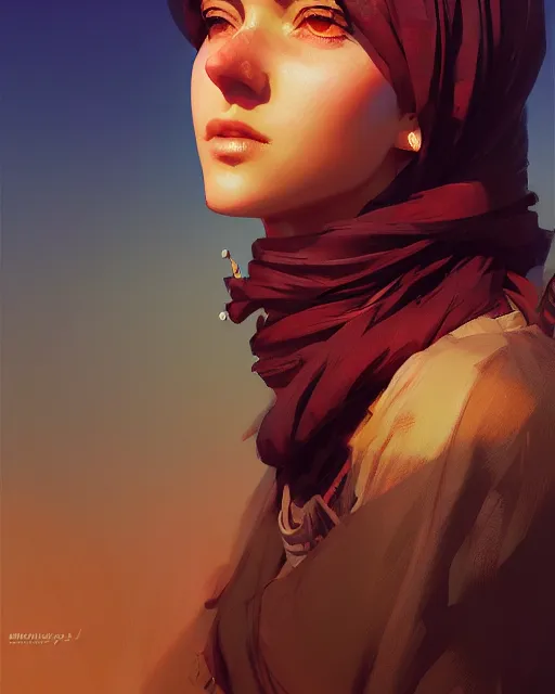 Image similar to beautiful bedouin, detailed portrait, cell shaded, 4 k, vivid colours, concept art by wlop, ilya kuvshinov, artgerm, krenz cushart, greg rutkowski, pixiv. cinematic dramatic atmosphere, sharp focus, volumetric lighting, cinematic lighting, studio quality