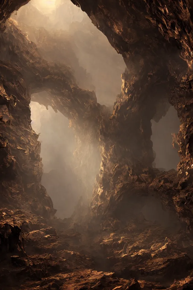 Image similar to the underground cave has a huge door made of bronze, bronze material, dark and spectacular atmosphere ， super wide angle ， matte painting ， rtx on ， trending on cgsociety and artstation, unreal engine ， volumetric light ， surreal