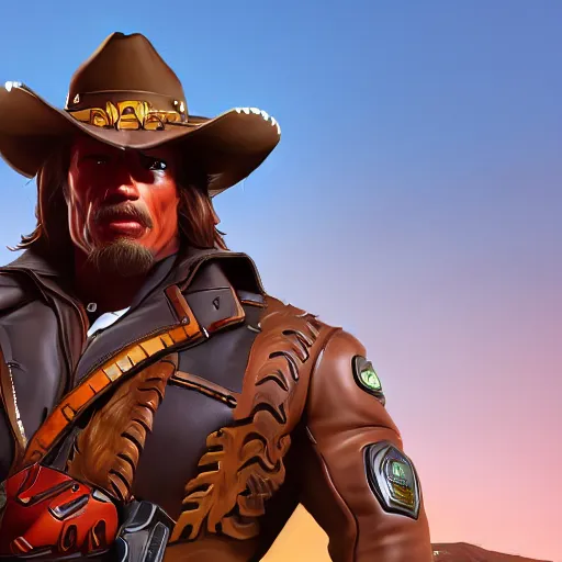 Image similar to a screenshot of arnold schwarzenegger as mccree in overwatch, portrait, fantasy, beautiful face, vivid colors, elegant, concept art, sharp focus, digital art, hyper - realistic, 4 k, unreal engine, highly detailed, hd, dramatic lighting by brom, trending on artstation