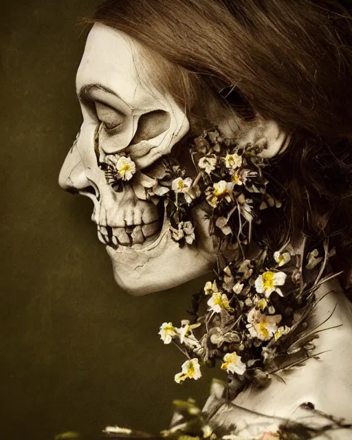 Prompt: a woman's face in profile, made of wildflowers skeleton, in the style of the dutch masters and gregory crewdson, dark and moody