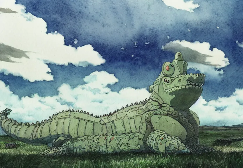 Image similar to a hyperrealist watercolor concept art from a studio ghibli film showing a giant grey mechanized crocodile from howl's moving castle ( 2 0 0 4 ). stonehenge is under construction in the background, in the rainforest on a misty and starry night. by studio ghibli