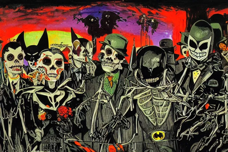 Prompt: scene from batman, day of the dead, cyber skeleton, neon painting by otto dix