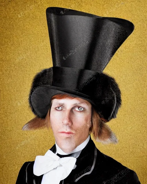 Prompt: Tall, elegant, Coyote man, has yellow wolf eyes, a long beautiful tail, long coyote like ears, He is dressed Victorian era style, wearing a Top Hat and cape, highly realistic, photoreal, photograph in the style of Annie Leibovitz, Studio lighting