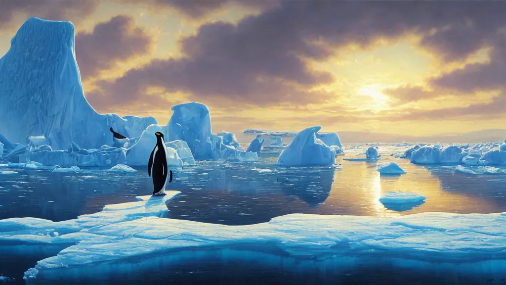 Image similar to the most beautiful panoramic landscape, oil painting, where a giant iceberg is lost in the frozen artic ocean, a giant penguin is exhaling steam while walking over the iceberg, the frozen artic ocean is reflecting the giant penguin and the ray lights of the sunset are brightening him, by greg rutkowski